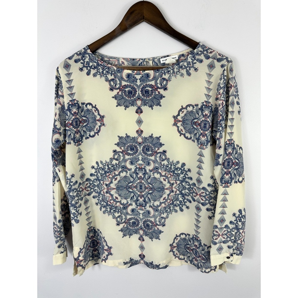 Club Monaco Silk Blouse Womens Medium Ivory Navy Medallion Print Long Sleeve Top